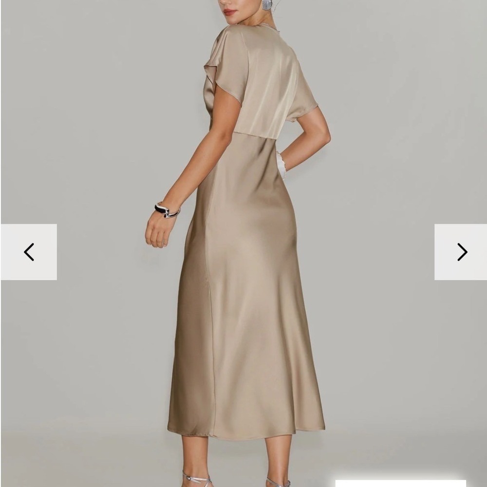 RIHOAS Womens Apricot Satin V Neck A-Line Midi Dress Apricot Relax Fit XS - Picture 4 of 16